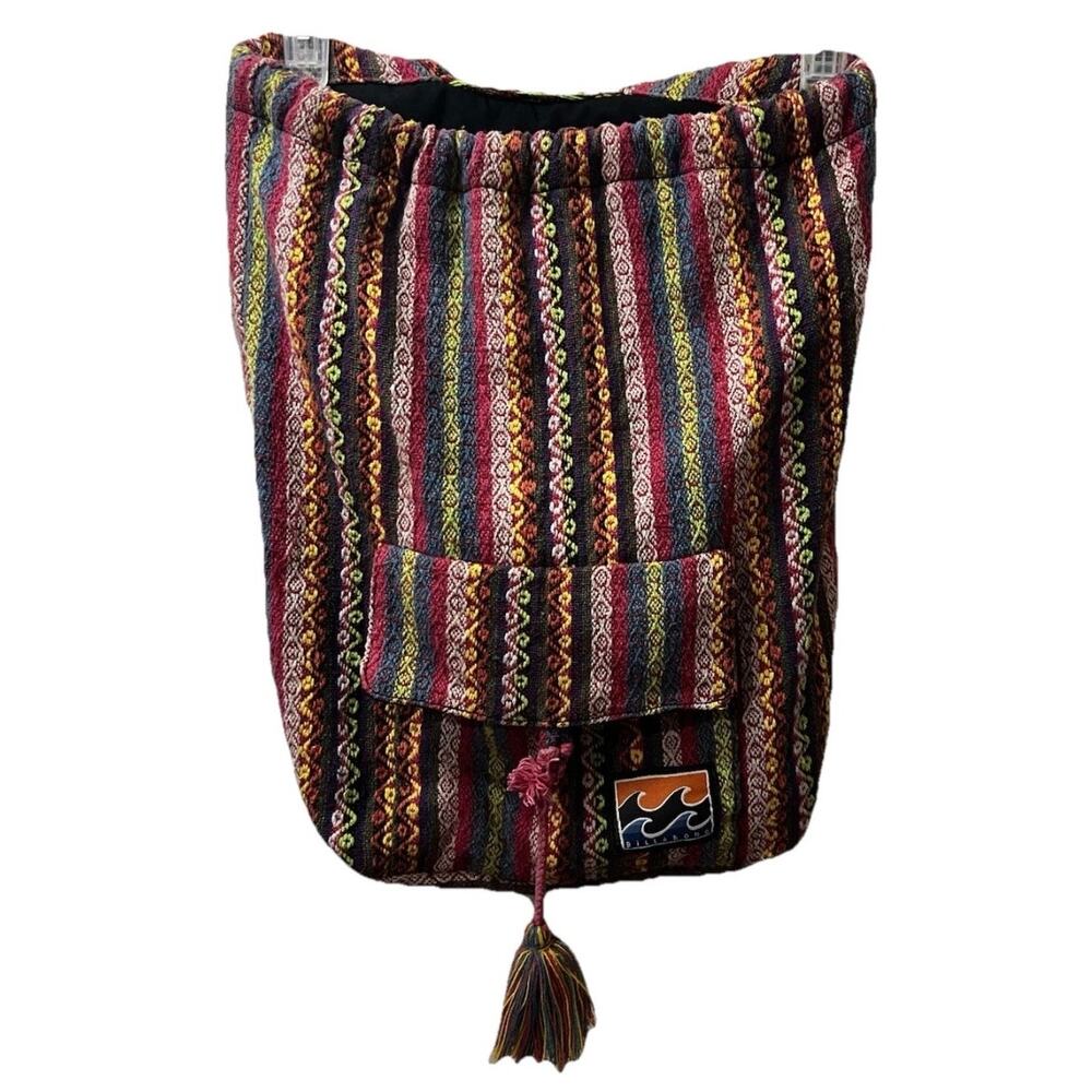 Billabong Boho Backpack Multicolor Woven Tribal Stripe Tassel Drawstring Bag